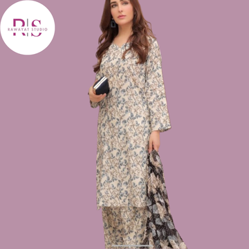 Broque Printed  lightweight crepe lawn 3pc (Unstitched)